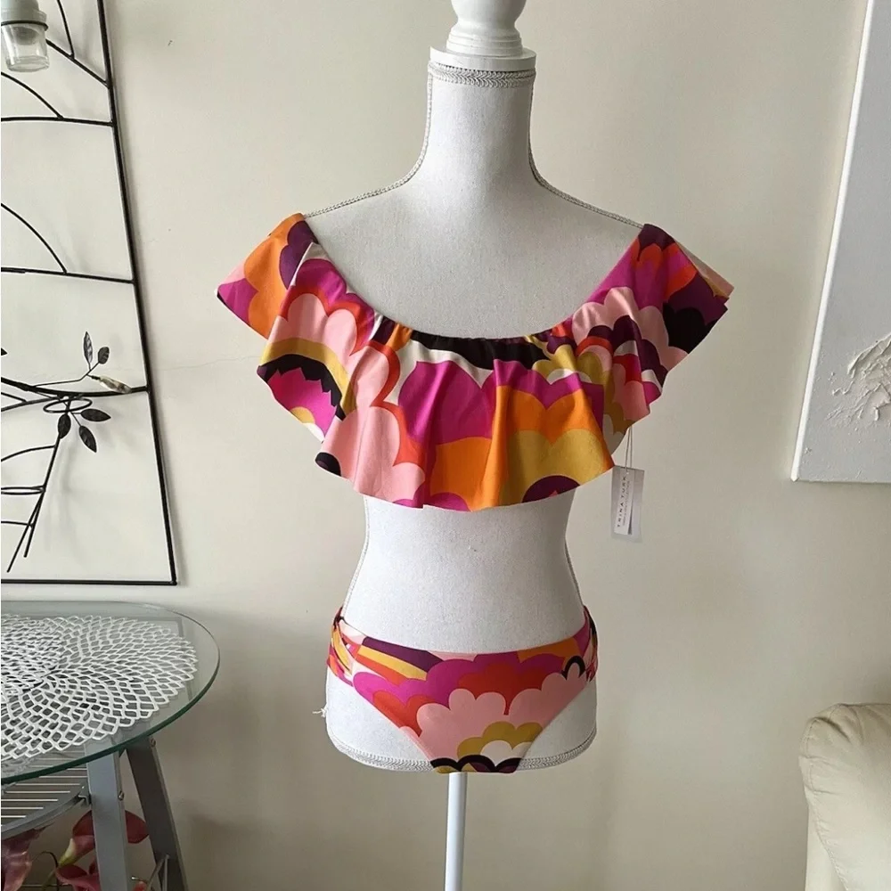 Trina Turk Fan Faire Colorful Ruffle Bandeau Bikini Set Size 8 NWT